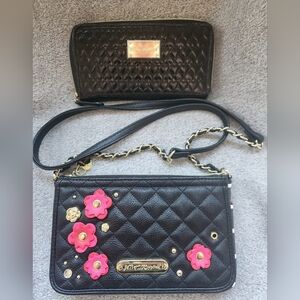 Betsey Johnson Black and Pink Quilted Crossbody Bag And XOXO Heart Wristlet